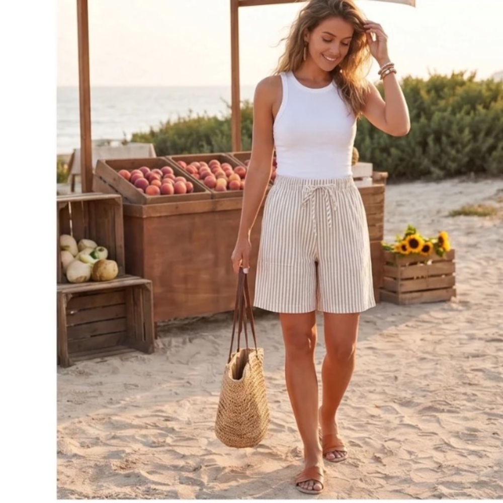 Women's Brown & White Pinstripe Bermuda Shorts